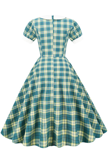 Jewel Neck Green Grid 1950s Dress with Short Sleeves